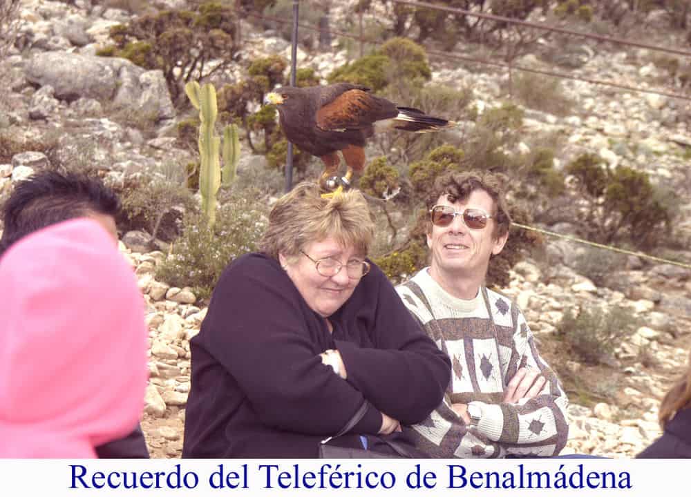 Adele ( with Falcon on head ) and roy on top of a moutain in Benalmaden spain feb 2004